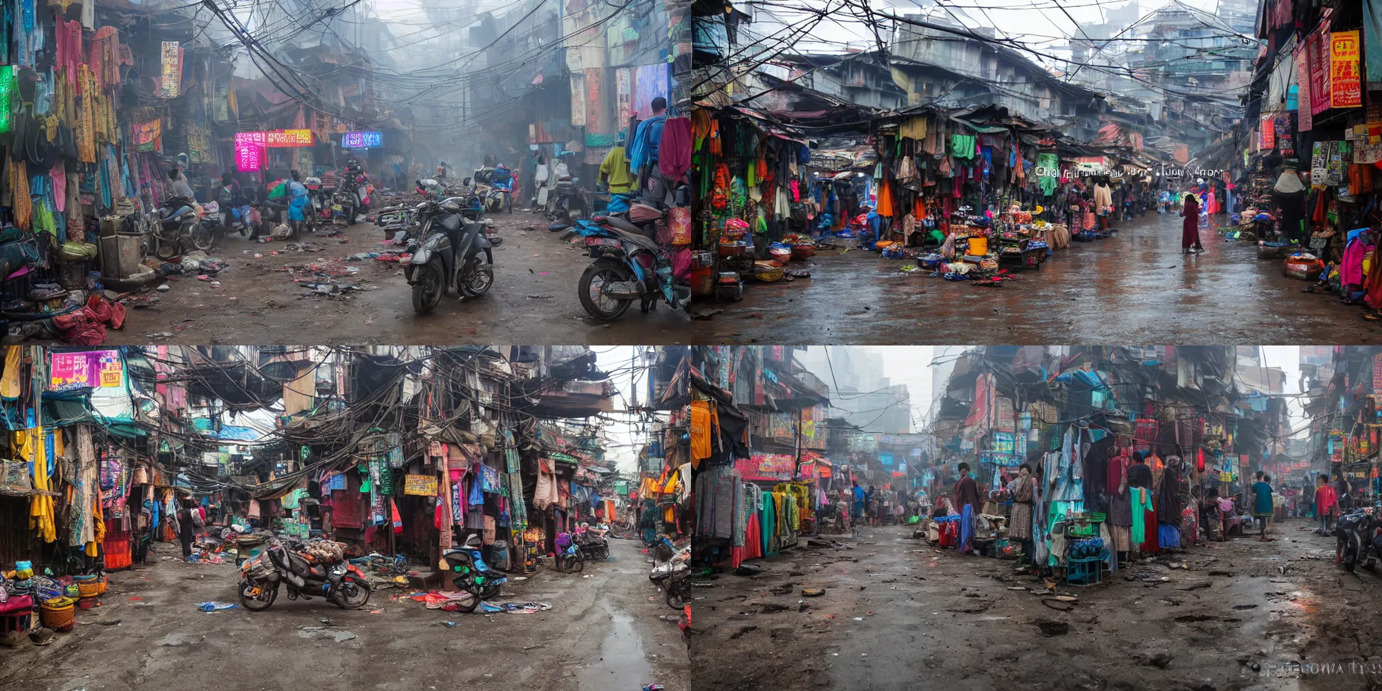 Prompt: Asian cyberpunk slum street market after rain, low fog and low light. Lots of electric cables