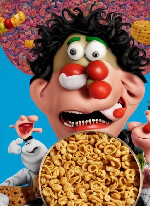 Image similar to a cereal box with a trippy surrealist mark ruffalo portrait with flying sausages by aardman animation and Caravaggio