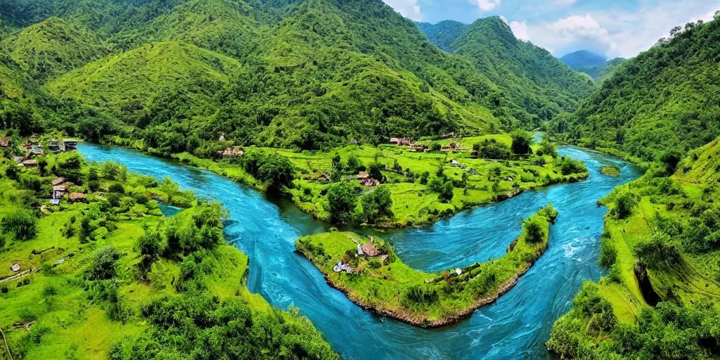 Prompt: a lush green valley with a great meandering river, blue waters, morning light, sun, beautiful, landscape view, village by the river