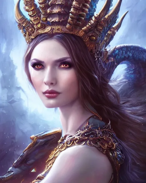 Image similar to a beautiful female dragon queen, 8 k, hyperrealistic, dark fantasy, hyperdetailed, fantasy portrait by laura sava