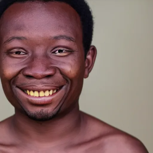 Prompt: photograph of a african person with japanese eyes and a grotesque smile