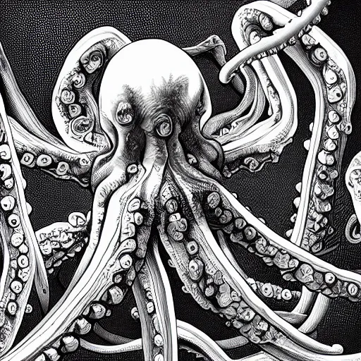 Image similar to a rib cage filled with octopuses wrapping their tentacles around the shining white bones, fantasy illustration