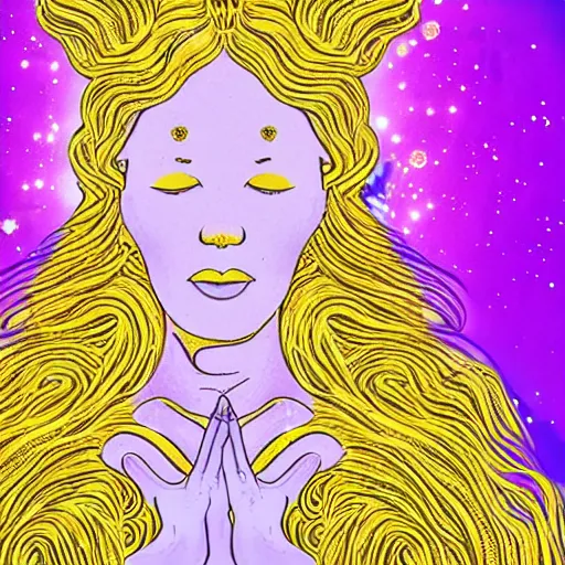 Prompt: a golden woman, eyes closed, glowing lavender aura, head expanding into pieces, lazer beaming from the sky into the top of her head, half body, in space