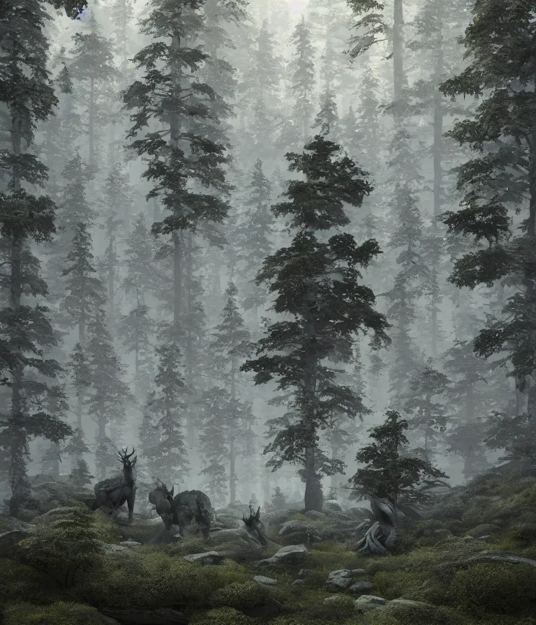 Image similar to a beautiful hyperrealistic detailed 3 d render colossal grey forest creatures guarding a wall of infinite pine trees, by anton otto fischer, atey ghailan, by goya, unreal engine, octane render, epic, 3 d, intricate, ultra wide, artstation, volumetric lighting, hdr, polished, micro details, ray tracing, 8 k