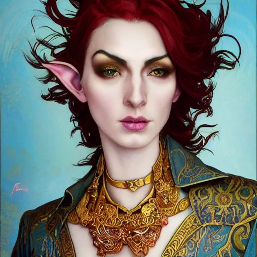 Image similar to a beautiful and androgynous half - elf with medium dark skin tone and messy short red hair and copper eyes with slit pupils, dressed in a colorful jodhpuri suit, dnd character, golden aura, realistic portrait by ross tran and gerald brom and kehinde wiley and fernando amorsolo and alphonse mucha, trending on artstation