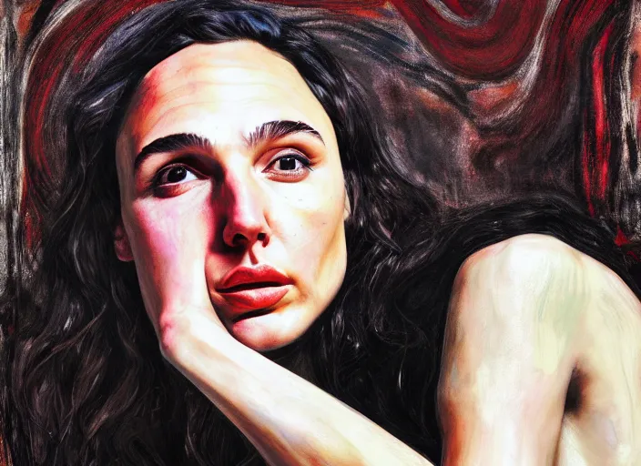 Image similar to portrait of gal gadot crying, by vincent lefevre and hernan bas and pat steir and hilma af klint, psychological, photorealistic, dripping paint, washy brush, rendered in octane, altermodern, masterpiece