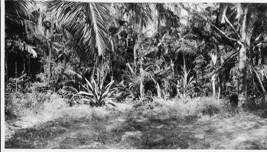 Prompt: lost film footage of a sacred ethnographic object in the middle of the ( ( ( ( ( ( ( ( ( tropical jungle ) ) ) ) ) ) ) ) ) / film still / cinematic / enhanced / 1 9 2 0 s / black and white / grain