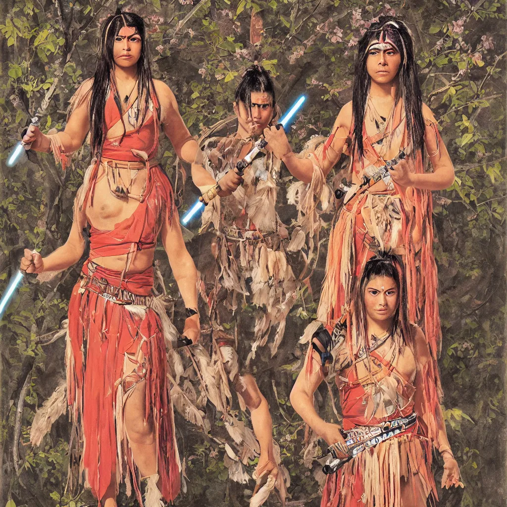 Image similar to full body portrait of Iroquois warrior princess souronded with the Indian crowd of fighters in fighting poses , she holds light saber and looks directly into the camera, blossoming sakura leafs falls into the river, beautiful symmetrical face, big eyes, big lips, ornamental semi transparent robes, native rich jewelry