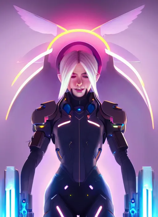 Image similar to symmetry portrait of mercy from overwatch, sci - fi, tech wear, glowing lights intricate, elegant, highly detailed, digital painting, artstation, concept art, smooth, sharp focus, illustration, art by artgerm and greg rutkowski and alphonse mucha