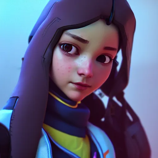 Image similar to a young girl with the appearance and clothes of ana from overwatch, design, octane render, 4 k, ingame shot