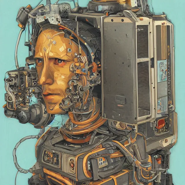 Image similar to robot artist painting a self - portrait on a canvas. intricate, highly detailed, digital matte painting, in the style of alexandros pyromallis, and in the style of sachin teng, and in the style of hans thoma, and in the style of ken kelly. irony, recursion, inspiration.