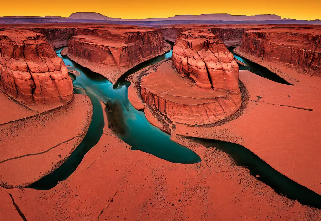 Image similar to a river bend running through a canyon surrounded by desert mountains at sunset on mars, planet mars, moab, utah, a tilt shift photo by frederic church, trending on unsplash, hudson river school, 3 5 mm photo, photo taken with provia, national geographic photo