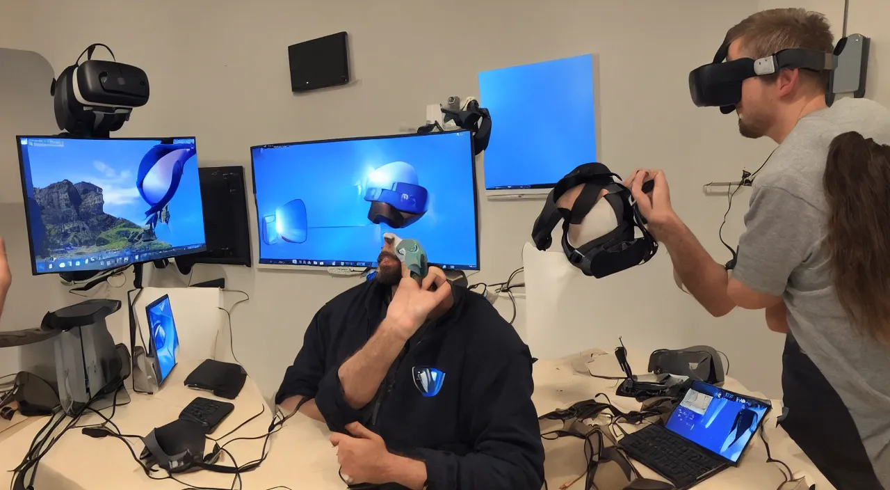 Image similar to Jesus Christ teaching his disciples how to install Windows 11 using VR. Photo realistic.