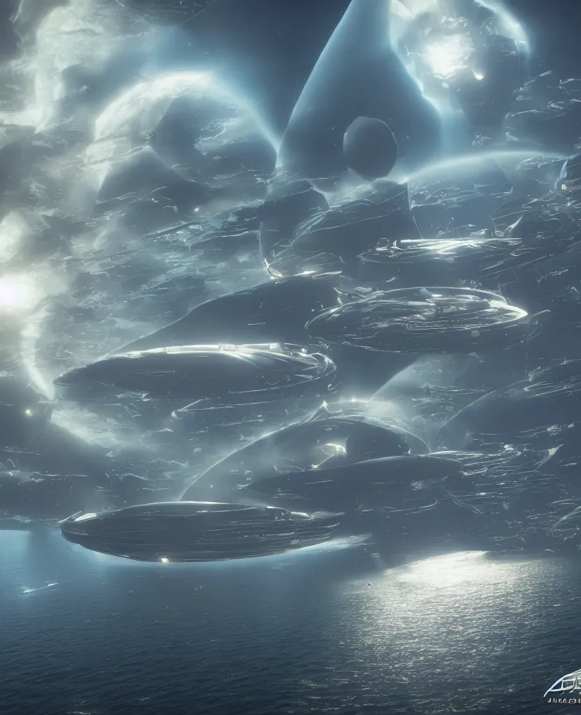 Image similar to crescent shaped pelagic city floating on the water, fusion of subnautica and star trek, aquaculture farms in the water around, boats of different sizes, in the style of john eaves ron walotsky ralph mcquarrie, soft natural volumetric lighting, realistic 4 k unreal engine 5 beautifully detailed render, 4 k post processing, trending on artstation