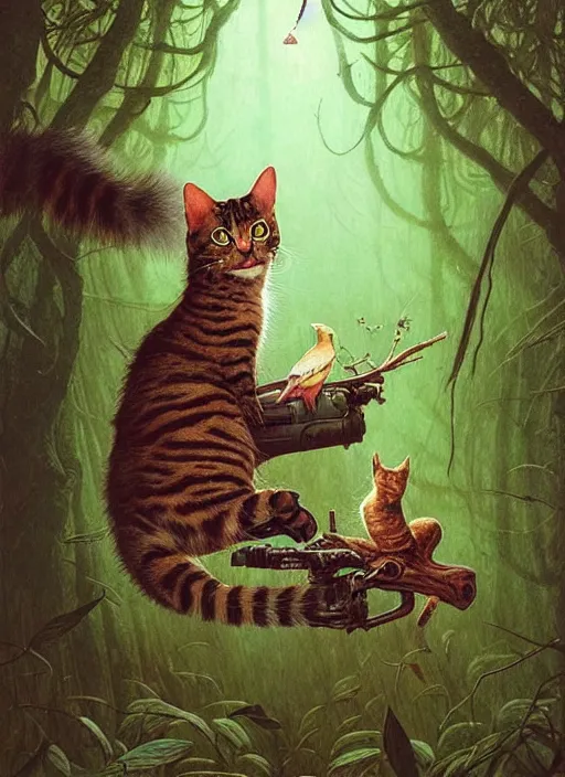Prompt: a hyper realistic illustrated cat with playing with a bird in the woods gorgeous lighting, lush forest foliage painting by chiara bautista and beksinski and norman rockwell and greg rutkowski weta studio, and lucasfilm