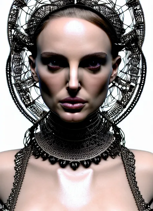 Prompt: bust of an absurdly beautiful, graceful, sophisticated, fashionable futuristic woman, facial piercings, natalie portman, heavy body modification, implants, prosthetics, hyperdetailed by popovy sisters, intricate linework, white porcelain skin, faberge, intricate chrome headdress, dark atmosphere, unreal engine 5 highly rendered, global illumination, radiant light, detailed and intricate environment