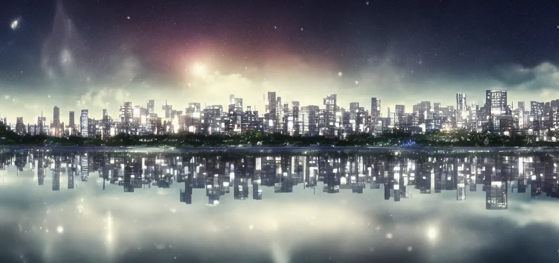 Image similar to very beautiful view of a modern japanese city at night, watery lake with accurate reflections, icy mountains in the background, calm clouds, starry sky with nebula, cinematic lighting, ultra detailed, sharp, ambient occlusion, raytracing, by dylan cole, sebastian meyer and jordan grimmer