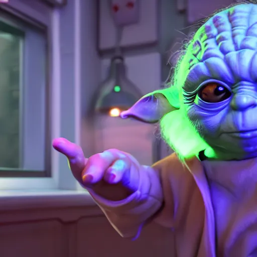 prompthunt: portrait photo of baby yoda wearing sunglasses, blue and yellow  neon lights, dark, highly detailed, 4 k