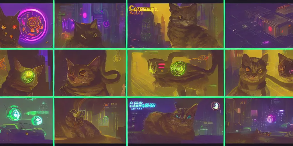 Image similar to card design concept art for a cyberpunk game about cats and cars and monsters, symmetrical, magic, by settlers of catan and cosmic encounters and fantasy fights