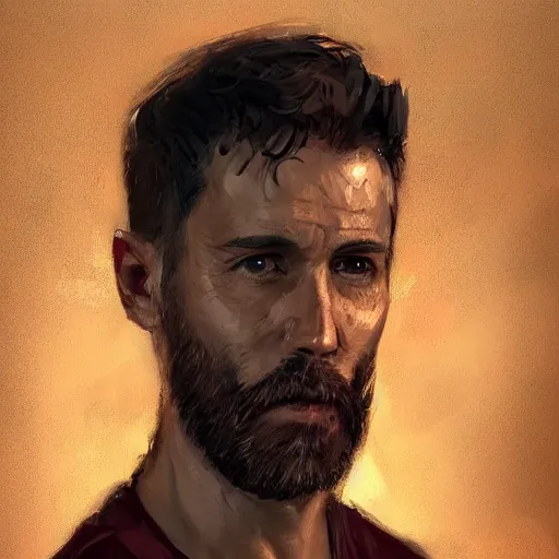 Image similar to Portrait of a man by Greg Rutkowski, he is about 40 years old, copper short hair, his features are a mix between Scottish and Arabian, strong and tall, cool dad vibes, he is wearing utilitarian red and black jumpsuit, highly detailed portrait, digital painting, artstation, concept art, smooth, sharp foccus ilustration, Artstation HQ.