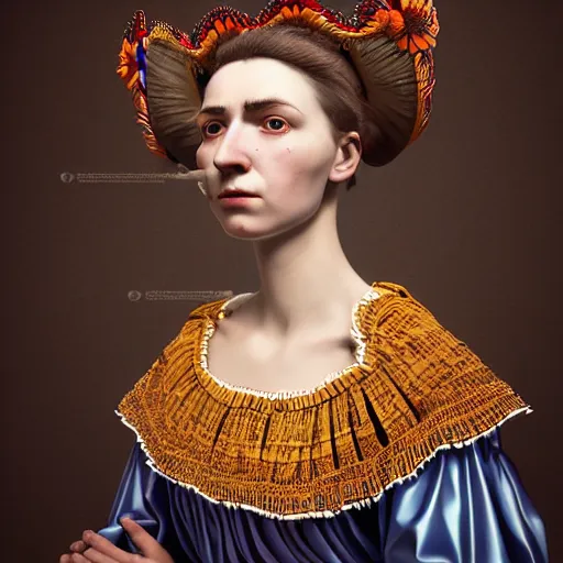 Image similar to Colour Caravaggio style full body portrait Photography of Highly detailed beautiful Woman wearing detailed Ukrainian folk costume designed by Taras Shevchenko with 1000 years perfect face wearing highly detailed retrofuturistic VR headset designed by Josan Gonzalez. Many details In style of Josan Gonzalez and Mike Winkelmann and andgreg rutkowski and alphonse muchaand and Caspar David Friedrich and Stephen Hickman and James Gurney and Hiromasa Ogura. Rendered in Blender and Octane Render volumetric natural light