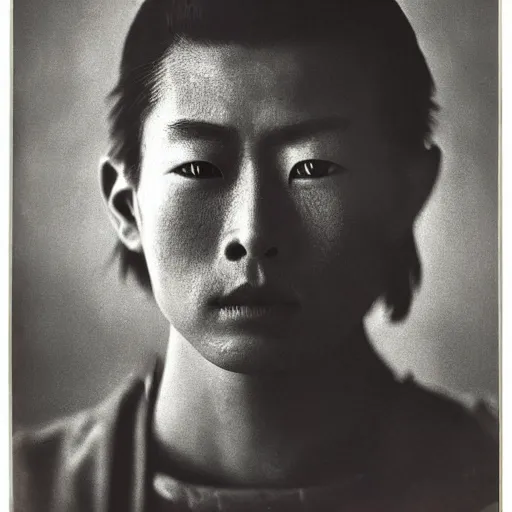 Prompt: vintage photograph of a young samurai warrior, face on, handsome, rugged, detailed, photography by Richard Avedon, ethereal