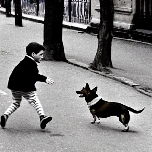 Image similar to a french boy on the streets of paris playing football against a corgi, the dog is wearing a polka dot scarf, book illustration, 1 9 6 6