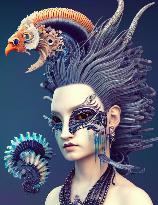 Image similar to 3 d goddess close - up profile portrait punk with mohawk with ram skull. beautiful intricately detailed japanese crow kitsune mask and clasical japanese kimono. betta fish, jellyfish phoenix, bio luminescent, plasma, ice, water, wind, creature, artwork by tooth wu and wlop and beeple and greg rutkowski