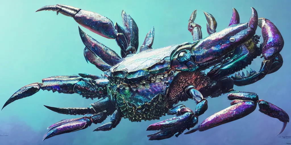 Image similar to Iridescent crab seamonster, character design sheet, Monster Hunter Illustrations art book, diamond sharp claws, huge arms, iridescent shards on its back, Moebius, Greg Rutkowski, Zabrocki, Karlkka, Jayison Devadas, Phuoc Quan, trending on Artstation, 8K, ultra wide angle, zenith view, pincushion lens effect.