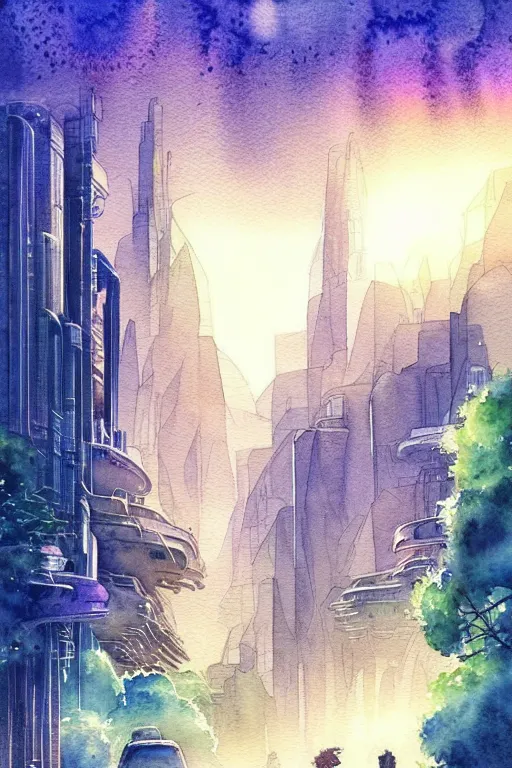 Image similar to beautiful happy picturesque charming sci - fi city in harmony with nature. beautiful light. nice colour scheme, soft warm colour. beautiful detailed watercolor by lurid