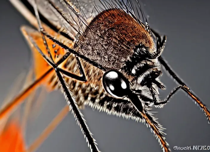 Image similar to close up of mosquito, wildlife photography, nikon d 7 5 0, macro view, super - resolution microscopy, closeup, zoom, shutter speed 1 / 1 0 0 0, f / 2. 8, 3 2 k, ultra - hd, super - resolution, natural lighting, insanely detailed and intricate, hypermaximalist, elegant, ornate, hyper realistic, super detailed