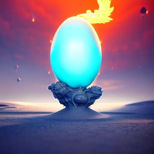 Image similar to magic ice phoenix egg, rock and sand around, peter mohrbacher style, ray tracing, cinematic, digital art, realistic, octane render