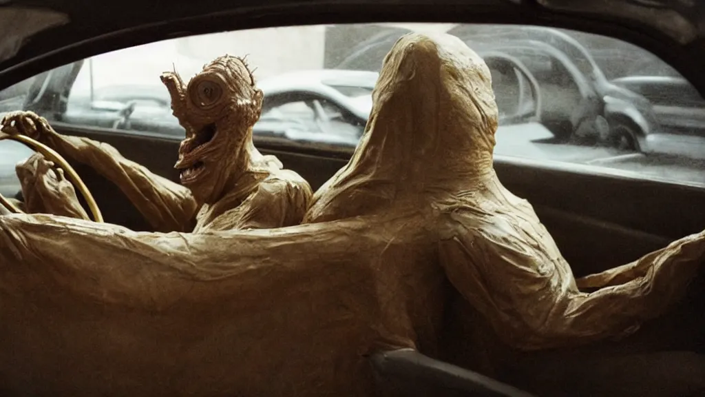 Image similar to the creature sits in a car, made of wax and metal, film still from the movie directed by Denis Villeneuve with art direction by Salvador Dalí, wide lens