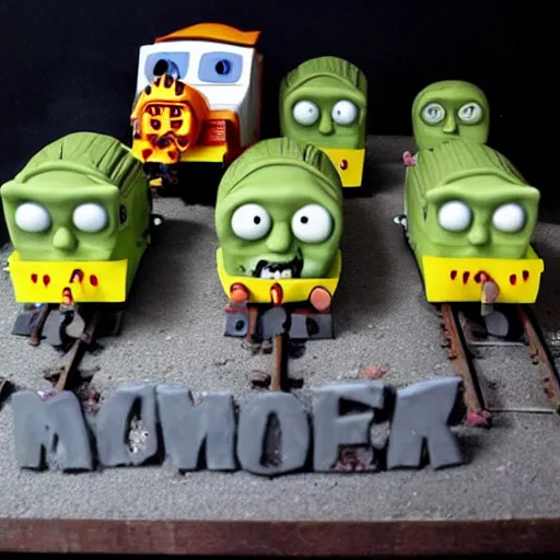 Prompt: zombie apocalypse thomas the tank engine clay sculpture, ominous, monster, spikes