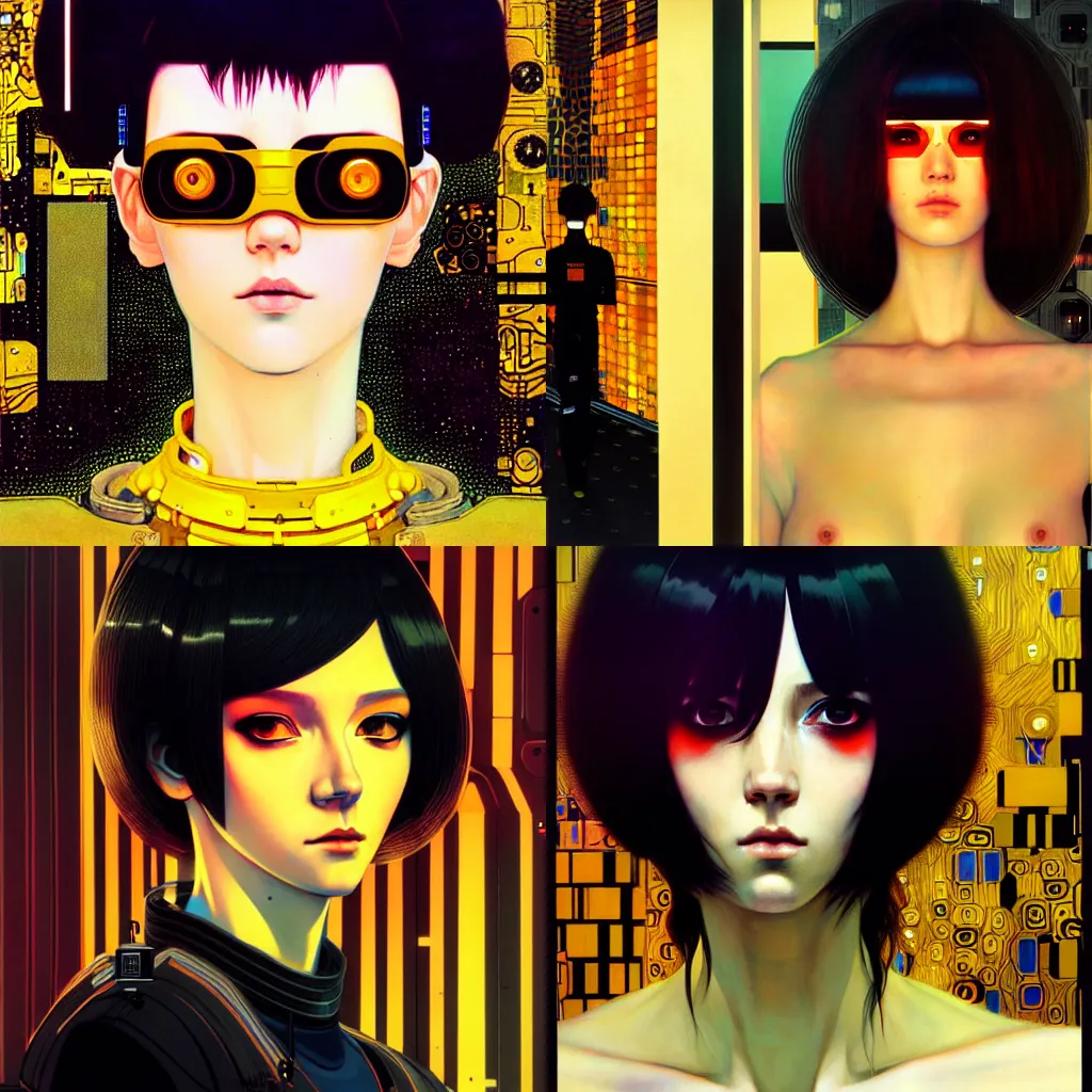 Prompt: A cyberpunk portrait painted by Ilya Kuvshinov and Gustav Klimt