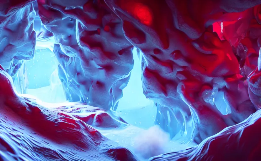 Prompt: liquid nitrogen and with red water-cooling coolant flowing through latent representations of ice caverns by centrifugal forces, gaming pc RGB components sticking out the walls!!!!, high detail, high contrast, low-poly elements!!!, trending on artstation, octane render, subsurface scattering, 4k