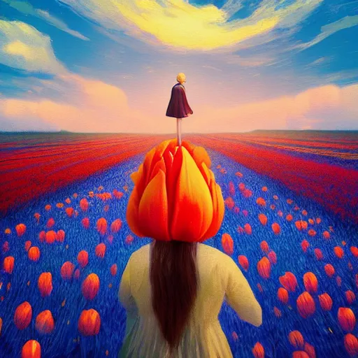 Image similar to girl with a giant tulip head, surreal photography, flower field, sunset dramatic light, impressionist painting, colorful clouds, blue sky, digital painting, artstation, simon stalenhag