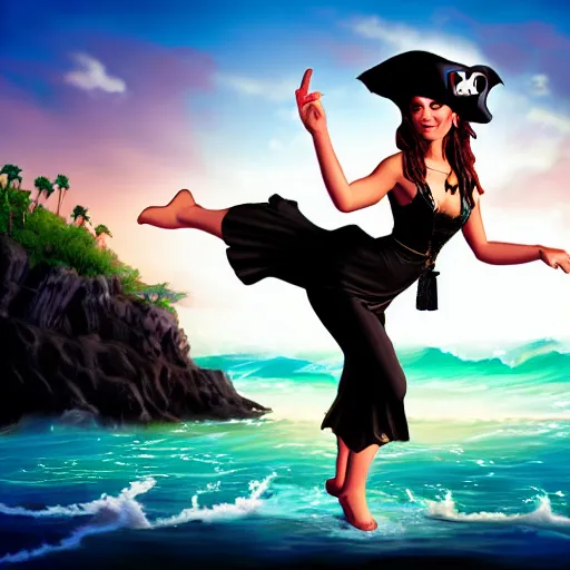 Prompt: dancing brunette milk maid woman wearing a pirate hat shore seascape in the style of Ross Tran