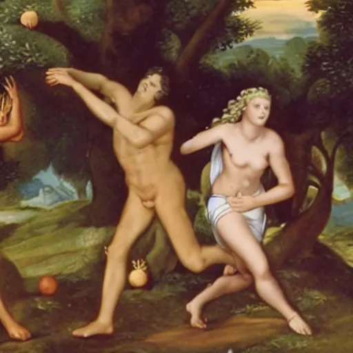 Prompt: news footage of Adam and Eve fleeing Eden, throwing an apple core at the cameraman