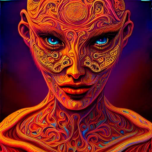 Image similar to An extremely psychedelic portrait of hell, surreal, LSD, face, detailed, intricate, elegant, lithe, highly detailed, digital painting, artstation, concept art, smooth, sharp focus, illustration