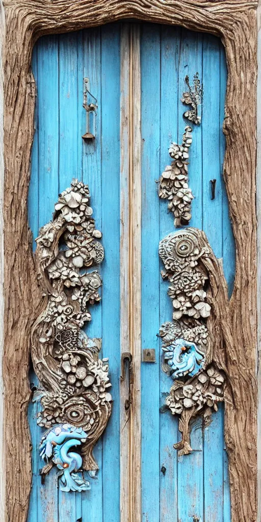 Prompt: https://s.mj.run/lcNw6KWjbsI Full old weathered wooden Door with a high relief carving of Fractal Marble and Opal Geode and Obisidian+Flowerpunk, cyberpunk, Dragonhead, twisted oak tree, jewels + Dark-blue light-blue black gold light-brown opal white + Ultra realistic, intricate detail, contrast, wet, kintsugi, rococo, baroque, 24mm lens + by Alphonse Mucha, Roger Deakins, Moebius, Mohrbacher