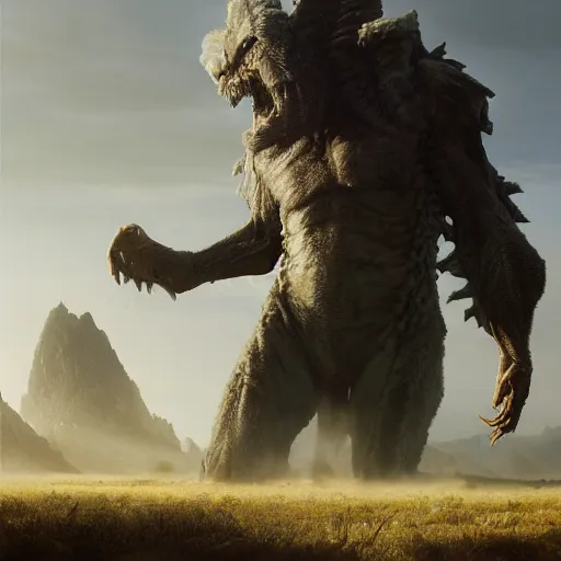 Prompt: enormous creature towering over the plains, volumetric lighting, 8 k octane beautifully detailed render, post - processing, extremely hyper - detailed, intricate, epic composition, cinematic lighting, masterpiece, trending on artstation, detailed detailed detailed, masterpiece, stunning art by anders zorn, wonderful masterpiece by greg rutkowski, beautiful cinematic light,