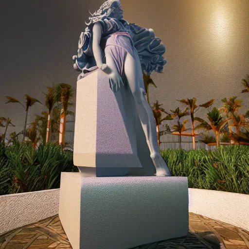 Image similar to vaporwave statue, trending on art station, 4k UHD, 8k, painting illustration, high detail, rendered in unreal engine, 3d render, god rays, volumetric lighting, award winning, photorealistic, vegetation, golden lighting