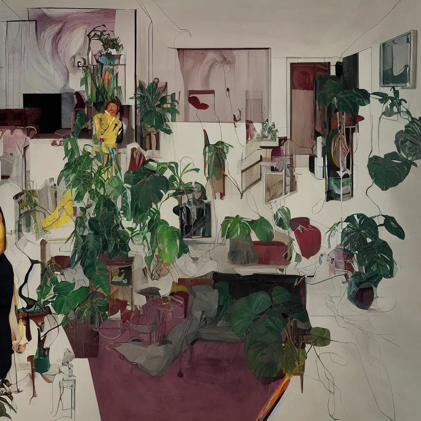 Prompt: One woman feeling lost in a living room of a house, There is one living room plant to the side of the room, surrealism painting by francis bacon and martine johanna