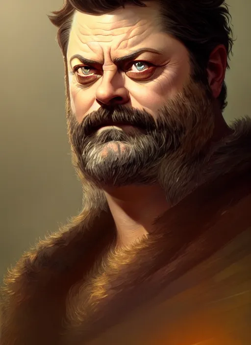 Image similar to portrait of nick offerman as odin, d & d, muscular, fantasy, intricate, elegant, highly detailed, digital painting, artstation, concept art, smooth, sharp focus, illustration, art by artgerm and greg rutkowski and alphonse mucha