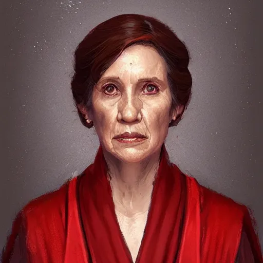 Image similar to portrait of a woman by Greg Rutkowski, Leia Organa as a Senator of the Galactic Alliance, she is about 70 years old, wearing red and white robes, Star Wars Expanded Universe, highly detailed portrait, digital painting, artstation, concept art, smooth, sharp foccus ilustration, Artstation HQ