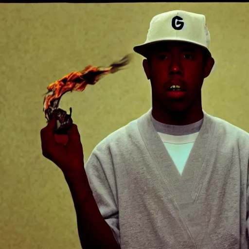 Image similar to cinematic film still of rapper Tyler The Creator starring as a Japanese Sensei with fire, Japanese CGI, VFX, 2003, 40mm lens, shallow depth of field, film photography