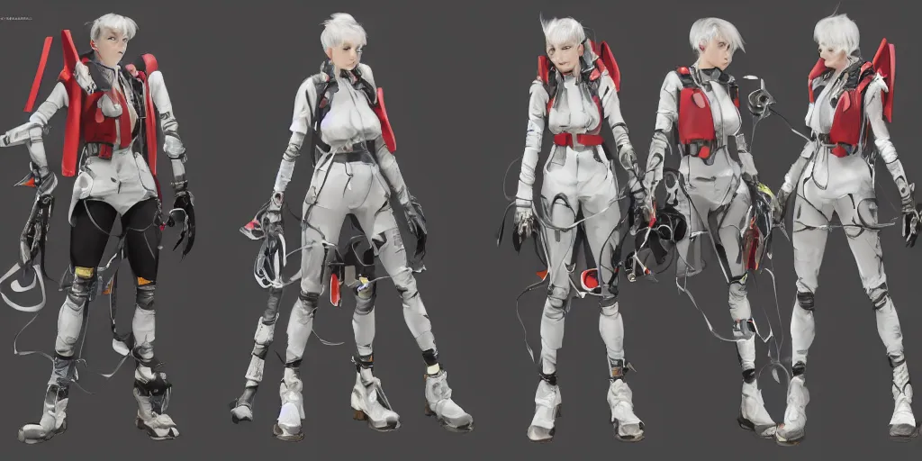 Image similar to A woman in scientist jacket with a system of straps and pouches for collecting material by Tetsuya Nomura with Ralph Horsley and Mario Testino, trending on artstation and pixiv clean sci-fi concept art and sheet for video game character from Capcom that will be used in unreal engine 5 with hyper detailed textures and cinematic light