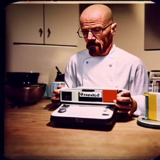 Prompt: 35mm polaroid of walter white cooking, photography