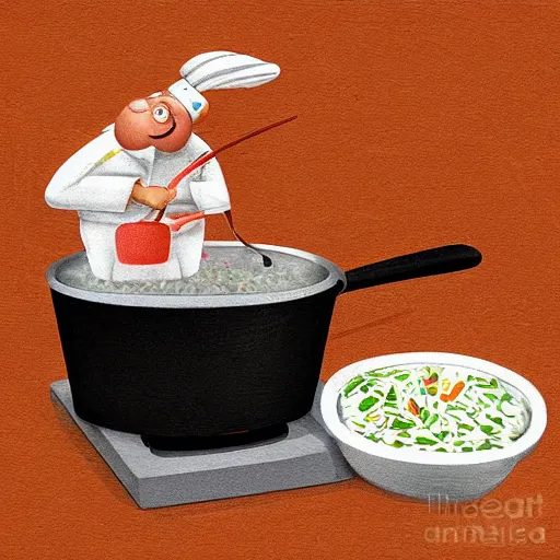 Image similar to A shrimp chef cooking rice in a pan, digital art